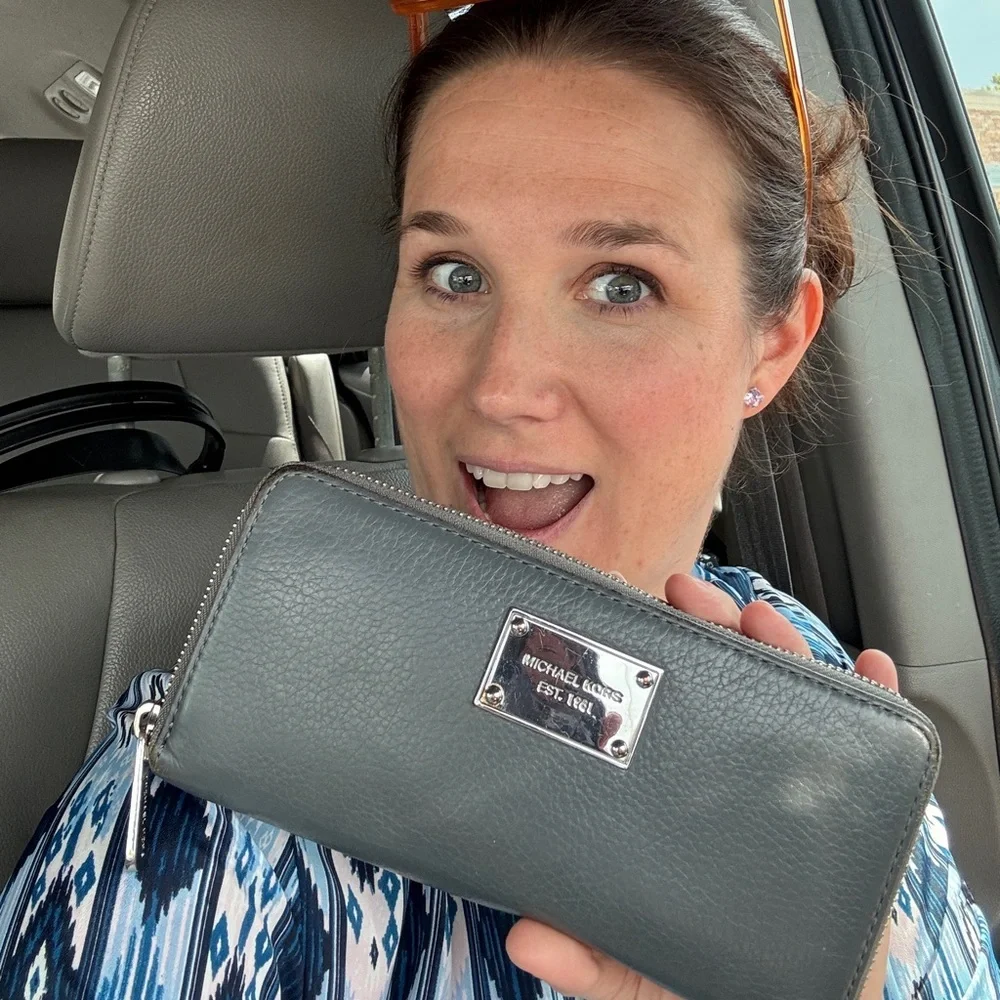 Open 2 Offers • Michael Kors Gray Leather Wallet Wristlet • Silver Tone Hardware
